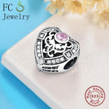 925 Silver Heart Pink Zirconia Charms Bracelet Bead