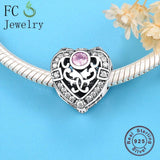 925 Silver Heart Pink Zirconia Charms Bracelet Bead