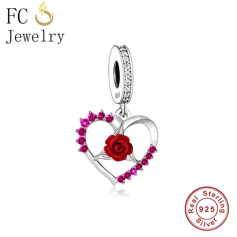 925 Silver Rose Flower Pink Zircon Bead Bracelet Charm DIY