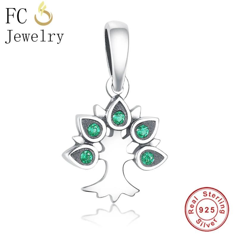 925 Silver Life Tree Green Zircon Beads Pan Charms Bracelet
