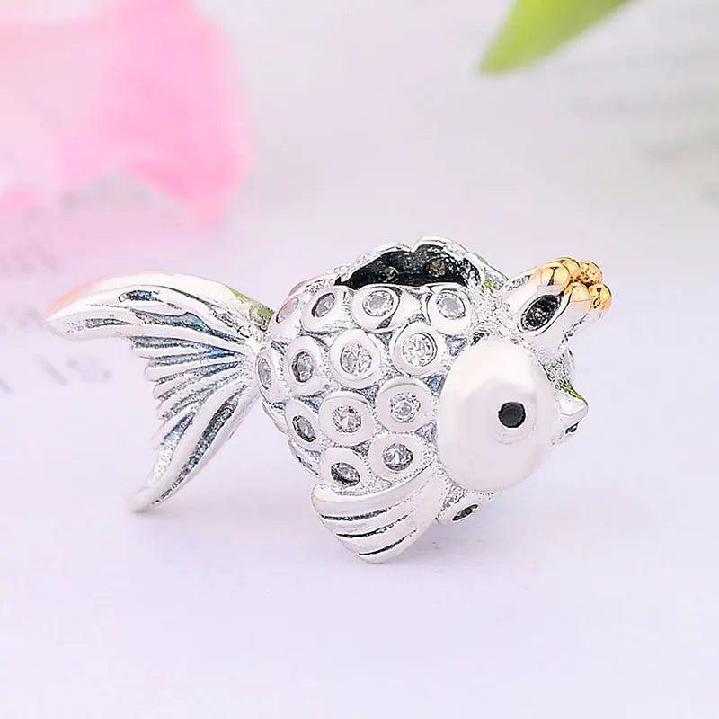 Silver Goldfish Princess Crown Zirconia Bead Pendant