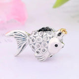 Silver Goldfish Princess Crown Zirconia Bead Pendant