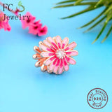 925 Silver Pink Enamel Daisy Sunflower Charms Bracelet Jewelry