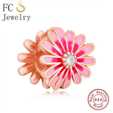 925 Silver Pink Enamel Daisy Sunflower Charms Bracelet Jewelry