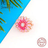 925 Silver Pink Enamel Daisy Sunflower Charms Bracelet Jewelry