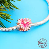 925 Silver Pink Enamel Daisy Sunflower Charms Bracelet Jewelry
