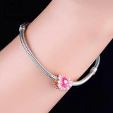 925 Silver Pink Enamel Daisy Sunflower Charms Bracelet Jewelry
