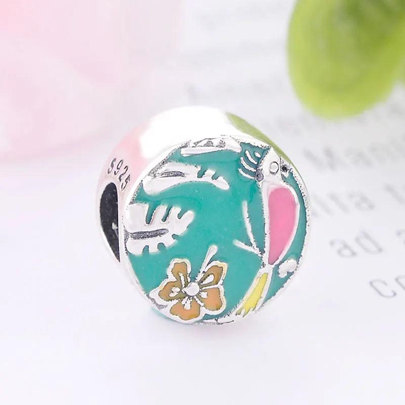 925 Silver Enchanted Pink Bird Yellow Flower Leaf Bead