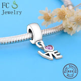 925 Silver Love Charm Bracelet with Pink Zircon Stone Beads