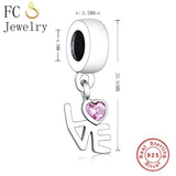 925 Silver Love Charm Bracelet with Pink Zircon Stone Beads