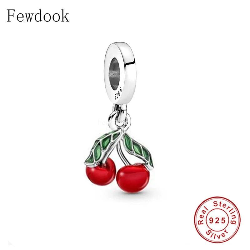 925 Silver Red Enamel Cherry Charm Bracelet Bead