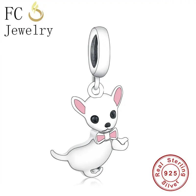 925 Silver Chihuahua Dog Pink Enamel Bow Pendant Bead