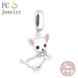 925 Silver Chihuahua Dog Pink Enamel Bow Pendant Bead