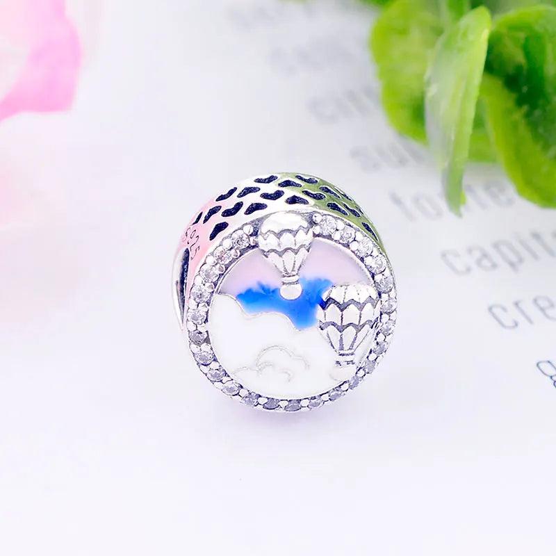 925 Silver Pink Hot Air Balloon Bead for Charm Bracelet Travel Life Cloud