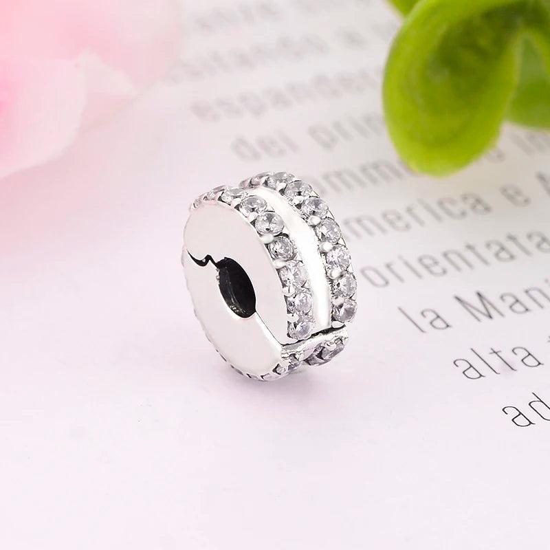 925 Silver Double Circle Zirconia Stopper Bead Pan Charm Bracelet