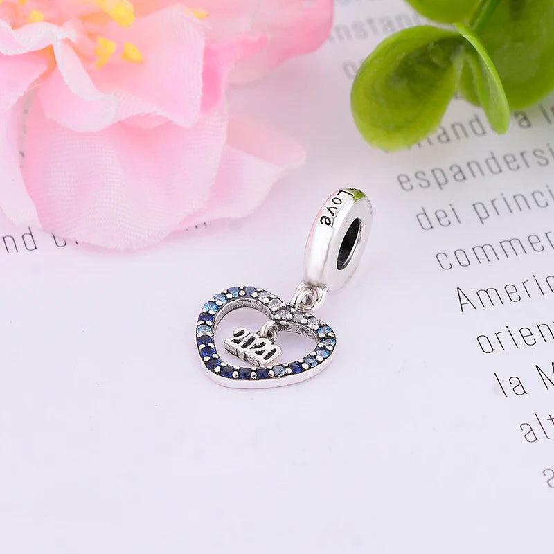 Zirconia Crystal Heart Charm Bracelet 925 Silver Bead YEAR Christmas Berloque