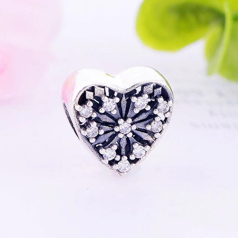 925 Silver Heart Snowflake Zirconia Bead Pan Charm Bracelet