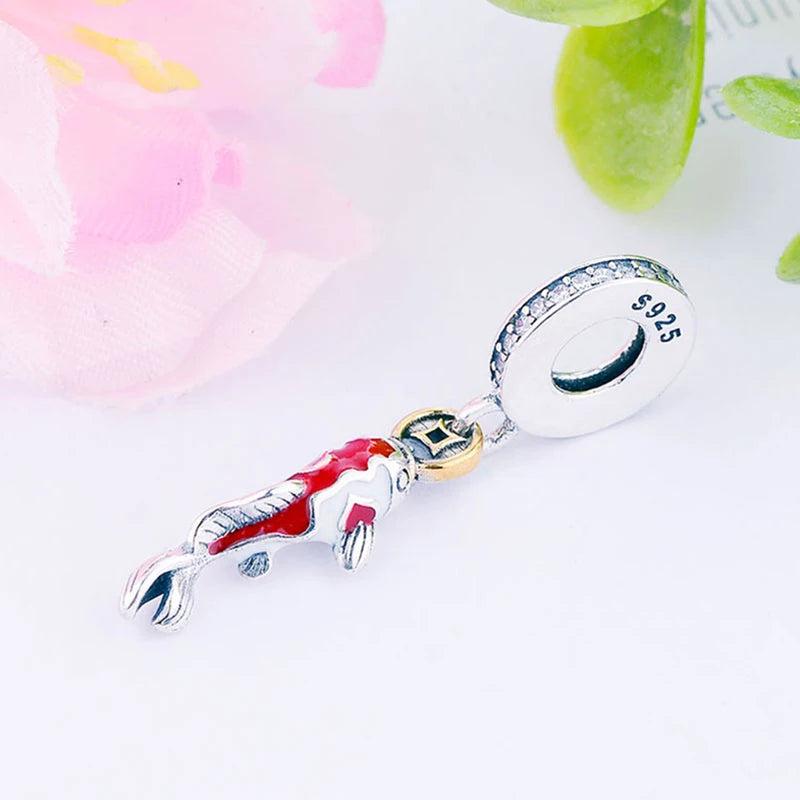 925 Silver Good Fortune Coin Red Carp Fish Bead Charm