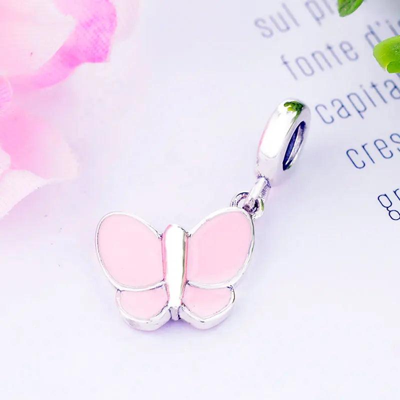 925 Silver Pink Enamel Butterfly Bead Pendant for Charm Bracelet