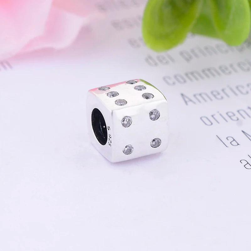 925 Silver Square Dice & Clear Zirconia Bead Pan Charm Bracelet