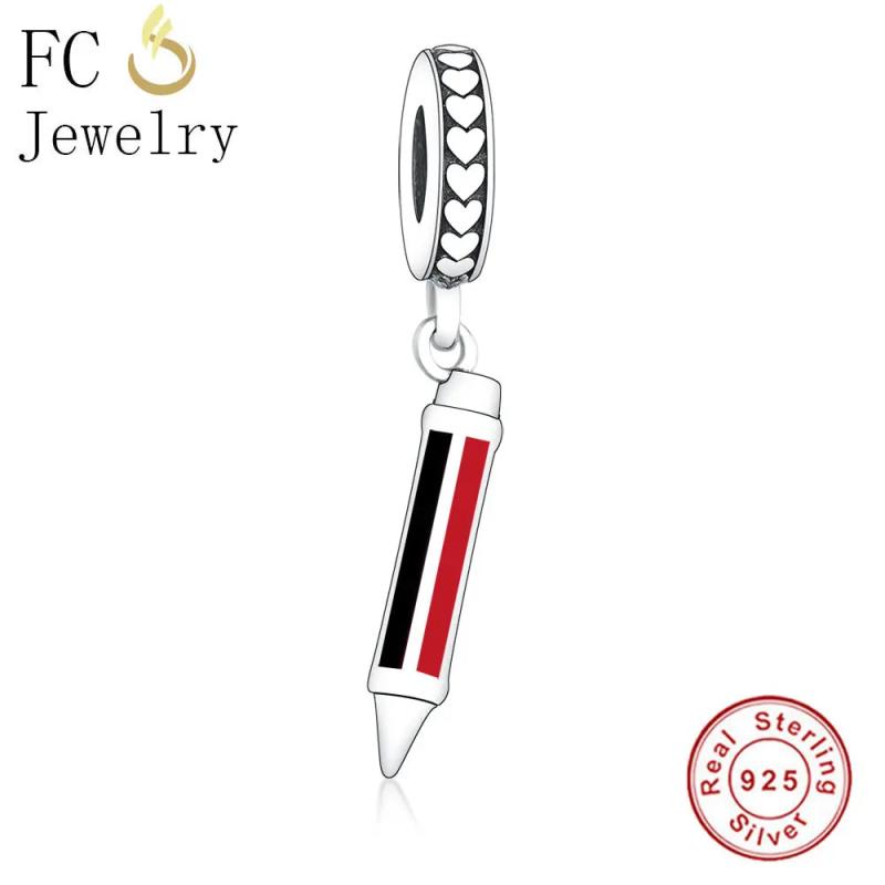925 Sterling Silver Red Pencil Beads Pendant for Kids Berloque