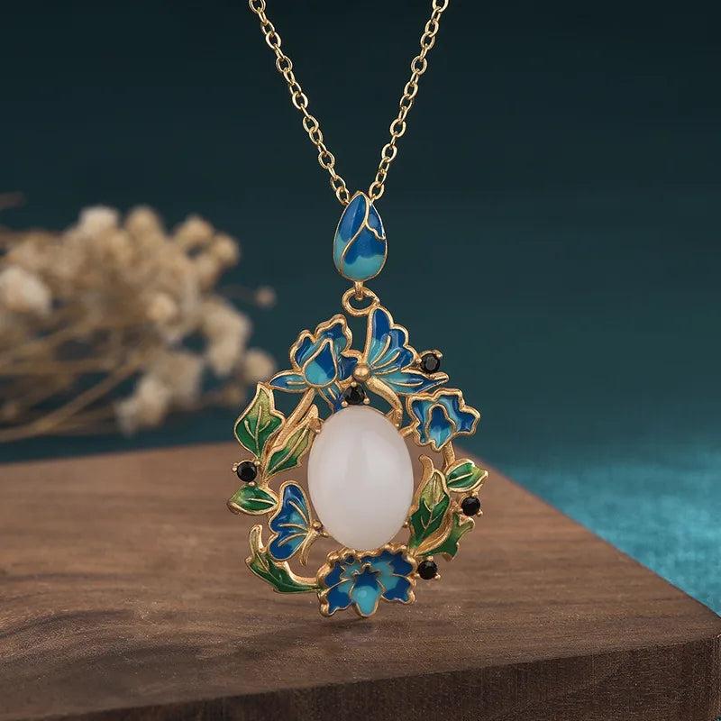 Ancient Craftsmanship Hetian Jade Pendant Enamel Porcelain Flower Necklace