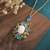 Ancient Craftsmanship Hetian Jade Pendant Enamel Porcelain Flower Necklace