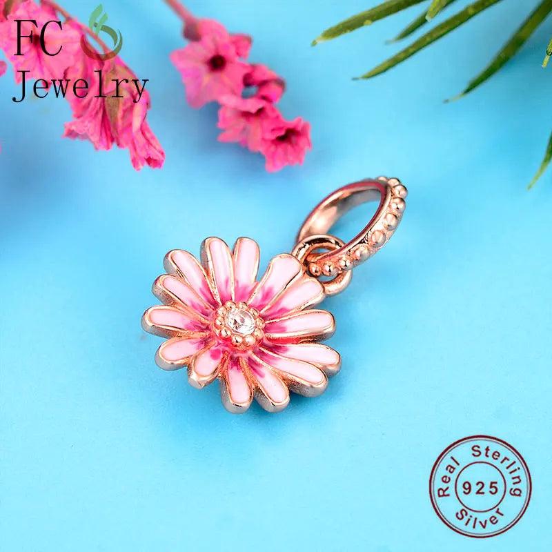 925 Silver Rose Flower Pink Enamel Daisy Pendant Charms Bracelet