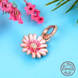 925 Silver Rose Flower Pink Enamel Daisy Pendant Charms Bracelet