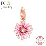 925 Silver Rose Flower Pink Enamel Daisy Pendant Charms Bracelet