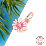 925 Silver Rose Flower Pink Enamel Daisy Pendant Charms Bracelet
