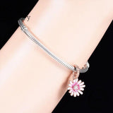 925 Silver Rose Flower Pink Enamel Daisy Pendant Charms Bracelet