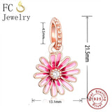 925 Silver Rose Flower Pink Enamel Daisy Pendant Charms Bracelet
