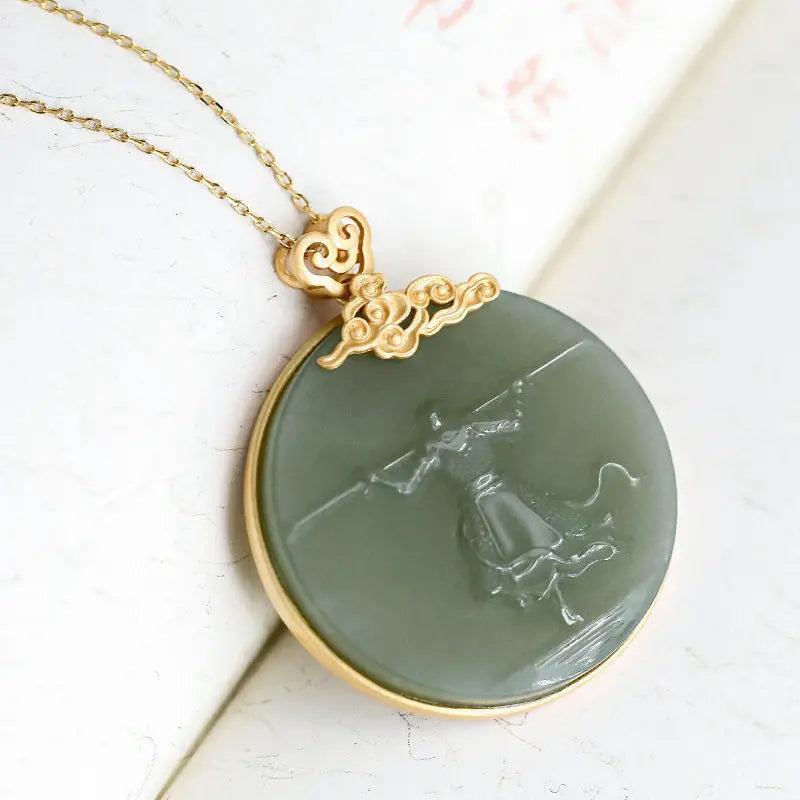 Silver Inlaid Hetian Jade Pendant Necklace Chinese Retro Journey To the West Cha