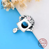 925 Silver Water Kettle Butterfly Flower Blooms Charm Bracelet