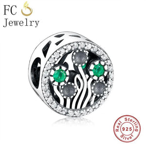 925 Silver Flower Green Zircon Bracelet Charms Spring Berloque