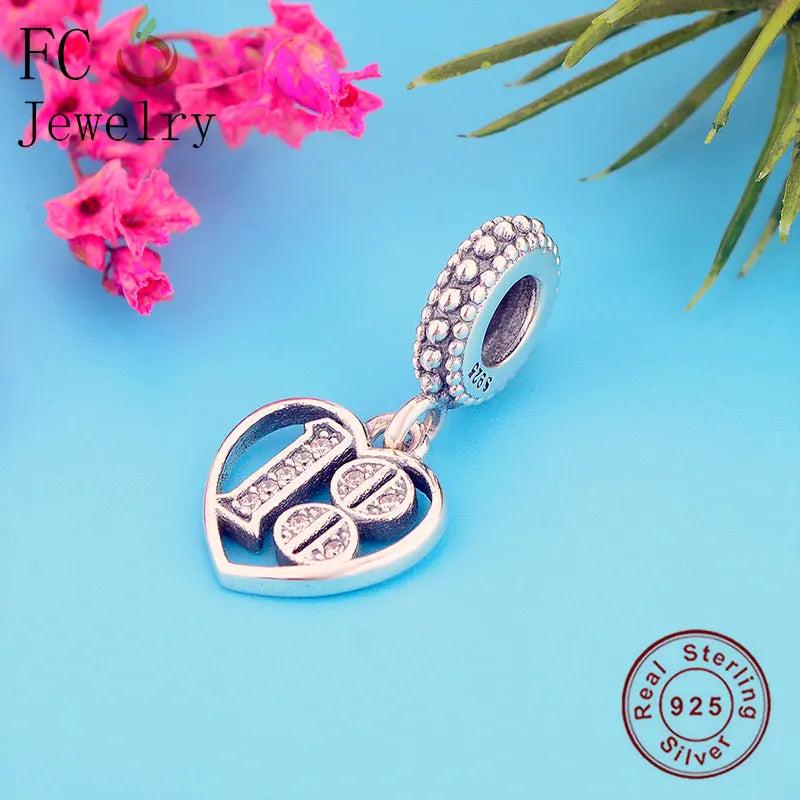 925 Silver Heart Zirconia Number 18 Pendant Bead for Bracelet