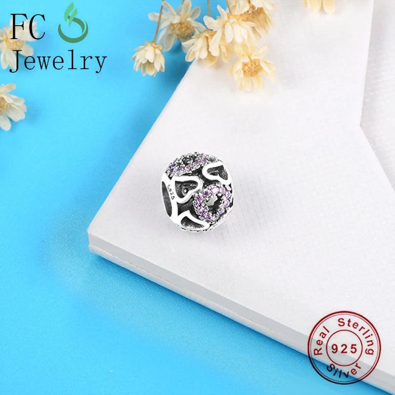 925 Silver Heart Pink CZ Bead Charm Bracelet