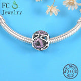 925 Silver Heart Pink CZ Bead Charm Bracelet