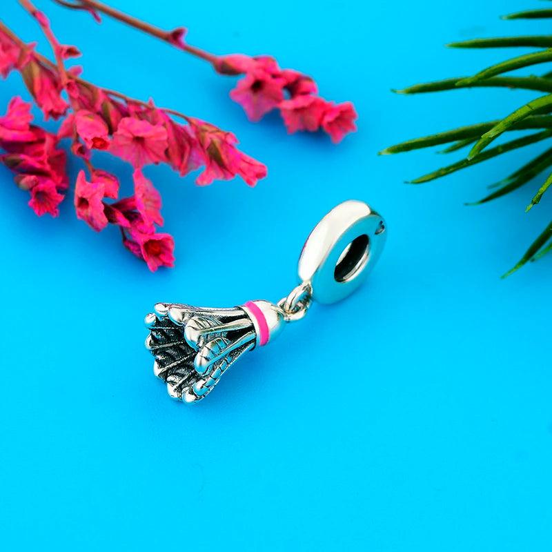 925 Silver Feather Badminton Bracelet Charm Dangle DIY Bead