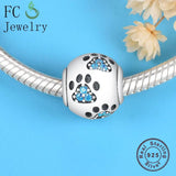 925 Silver Bulldog Paw Print Zirconia Bead Bracelet Charm