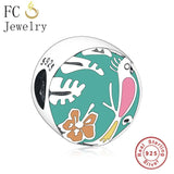 925 Sterling Silver Orange Enamel Flower Bird Charm Bracelet Bead