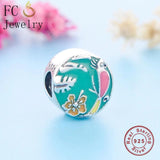 925 Sterling Silver Orange Enamel Flower Bird Charm Bracelet Bead