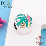 925 Sterling Silver Orange Enamel Flower Bird Charm Bracelet Bead