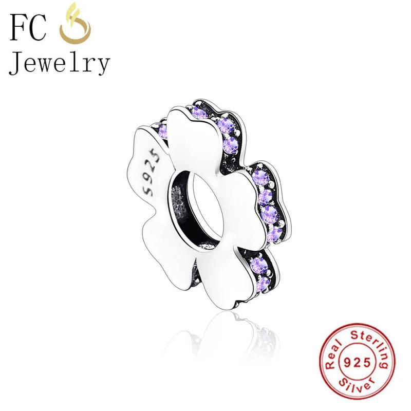 925 Silver Purple Zircon Flower Charm Bracelet Spacer Berloque