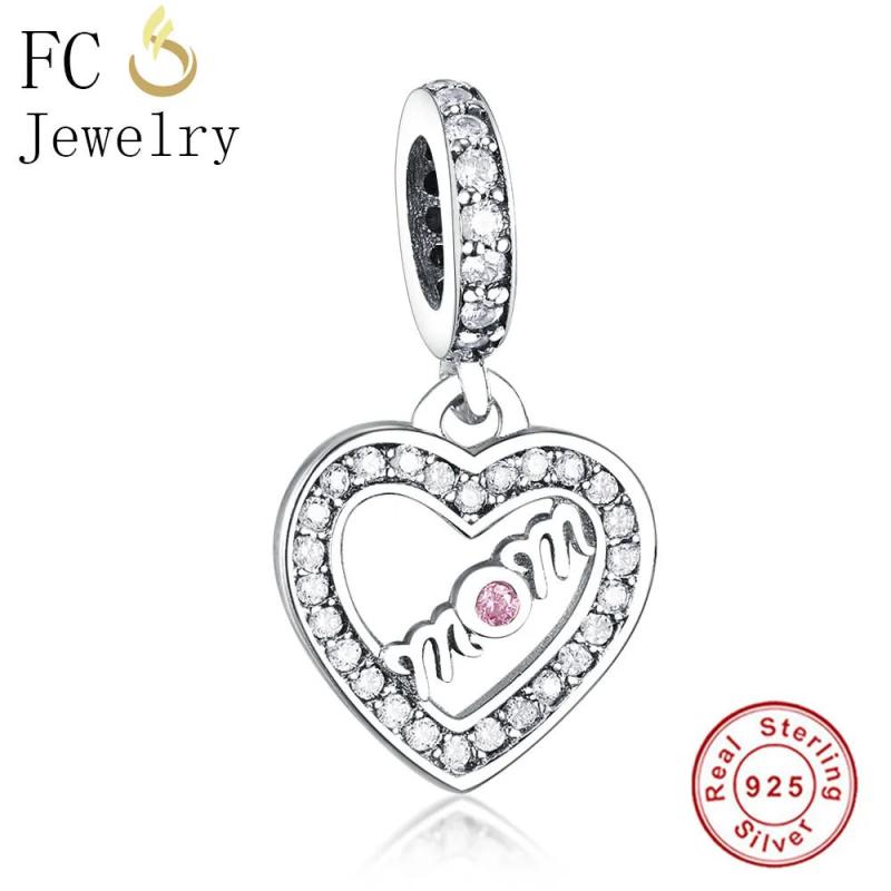 925 Silver Pink CZ Crystal Heart Bead Mom Berloque
