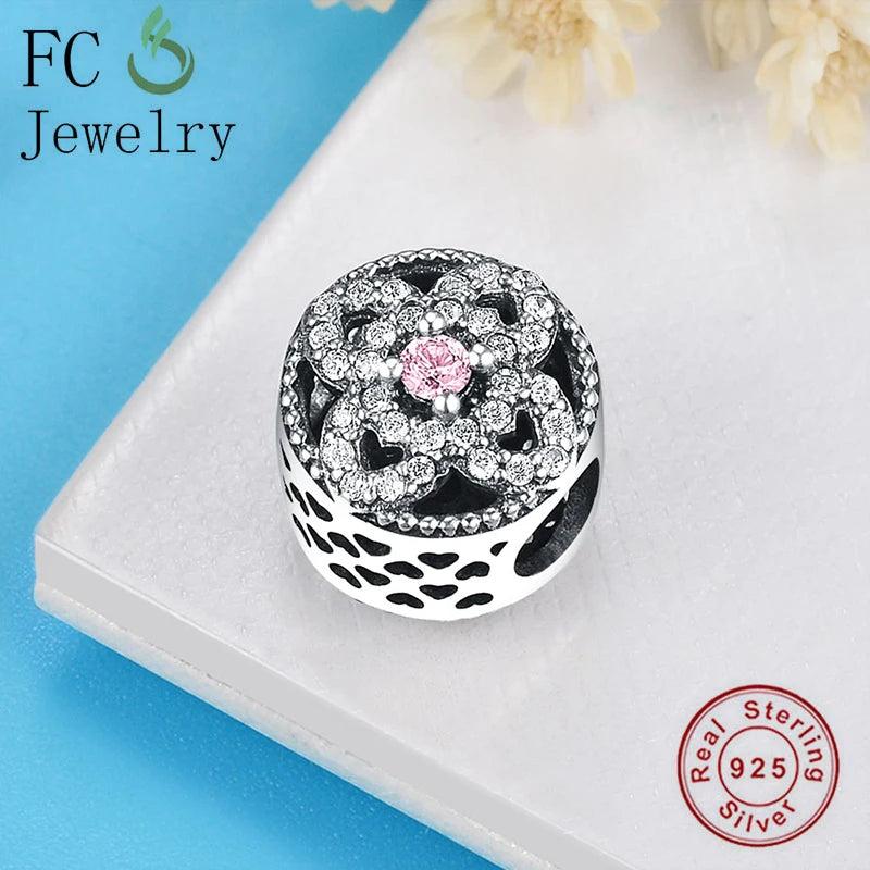 Round Flower Zirconia Bead 925 Sterling Silver Charm Bracelet for Women