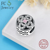 Round Flower Zirconia Bead 925 Sterling Silver Charm Bracelet for Women