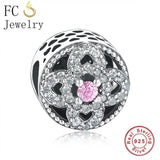 Round Flower Zirconia Bead 925 Sterling Silver Charm Bracelet for Women