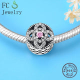 Round Flower Zirconia Bead 925 Sterling Silver Charm Bracelet for Women